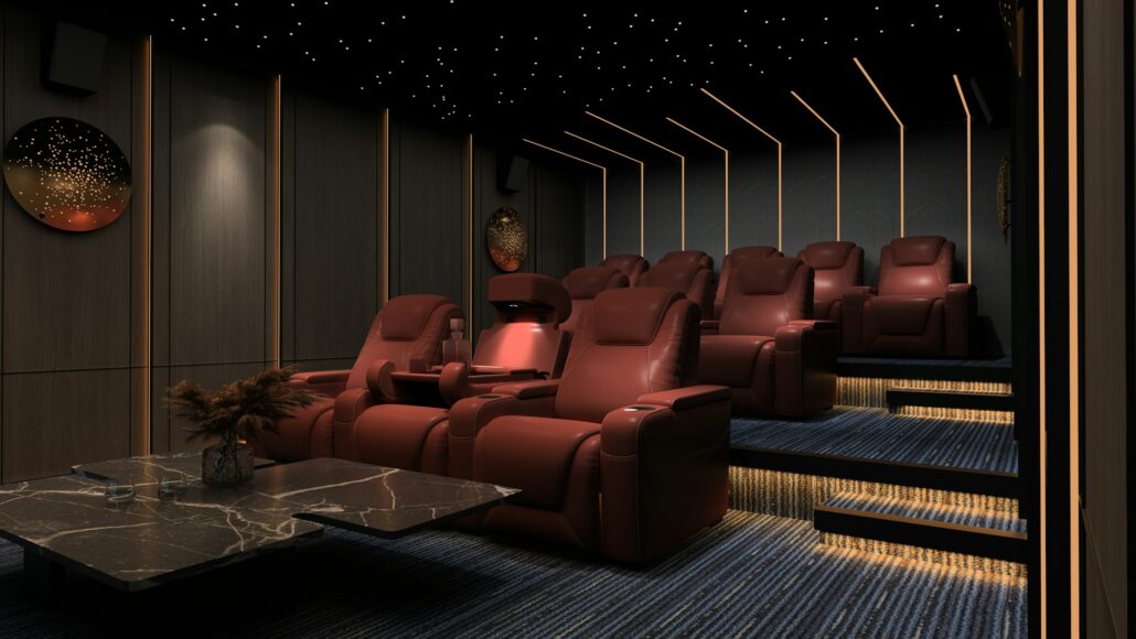 Private home theater with tiered leather seating, acoustic wall panels and a star ceiling